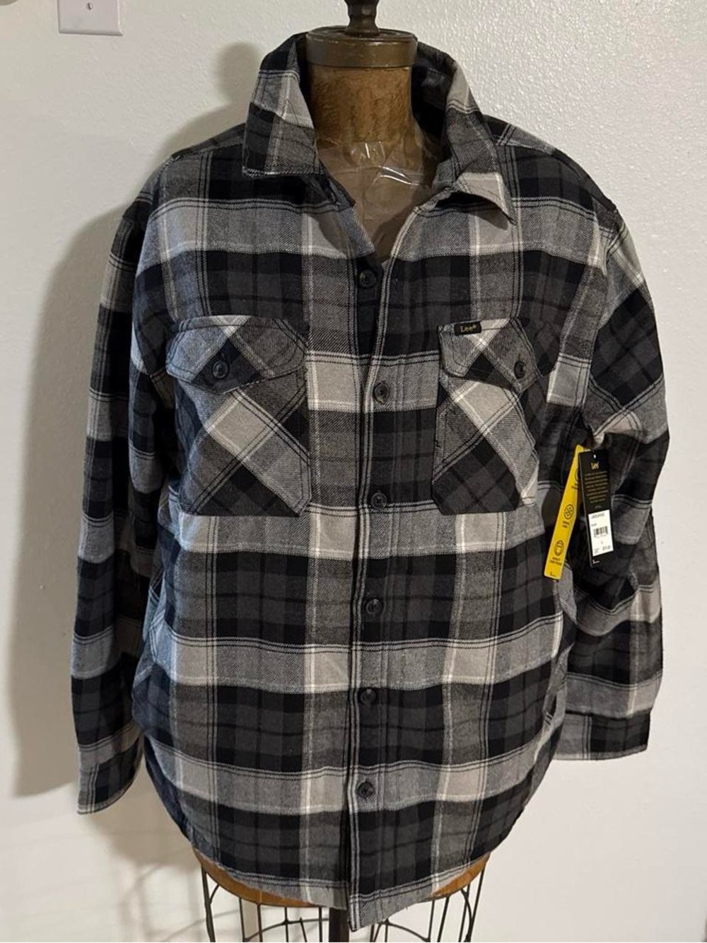 NWT Lee Gray Heather Plaid Sherpa-Lined Shirt Jacket Size L